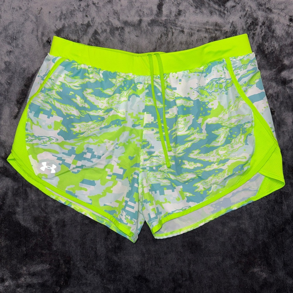 Under Armour HeatGear Womens Large Neon Yellow Teal Camo Running Shorts Liner